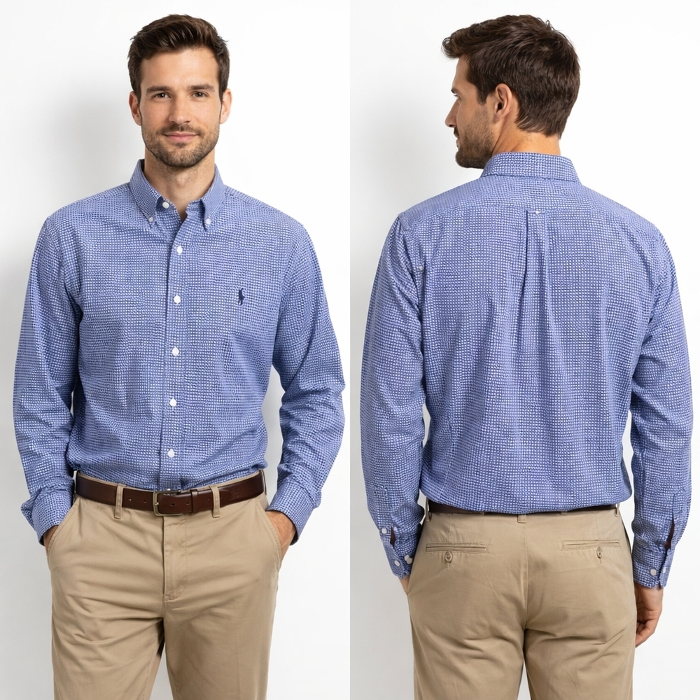 POLO RALPH LAUREN Andrew Mens 17 Neck 34/35 Blue Gingham Button Down Preppy
